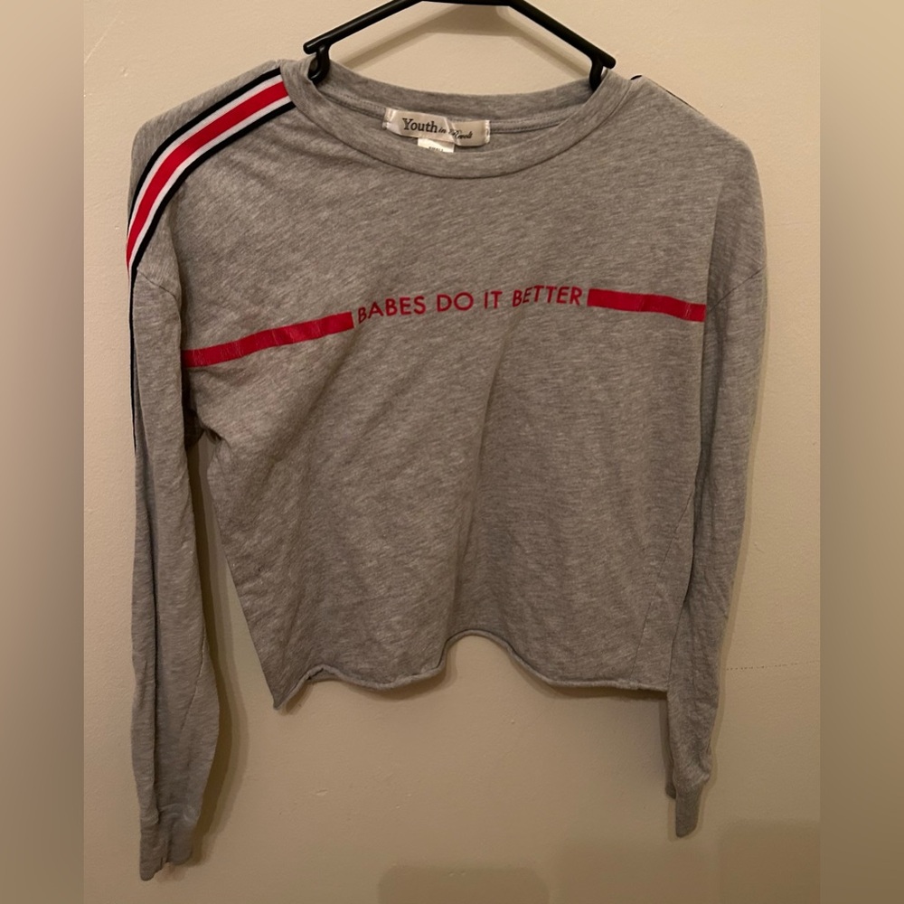 Gray Long Sleeve Shirt with Red Stripes
